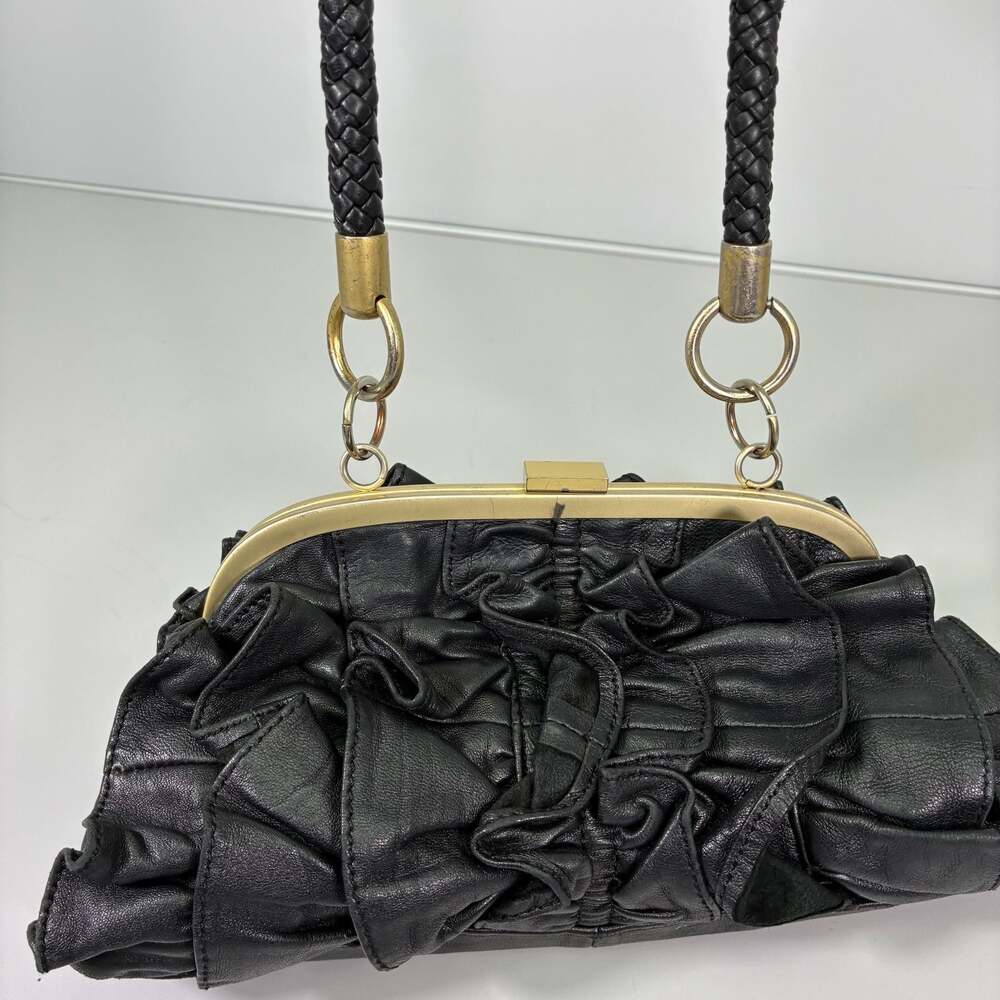 Adrienne Vittadini Black Ruffled Leather Kiss-Lock Handbag
